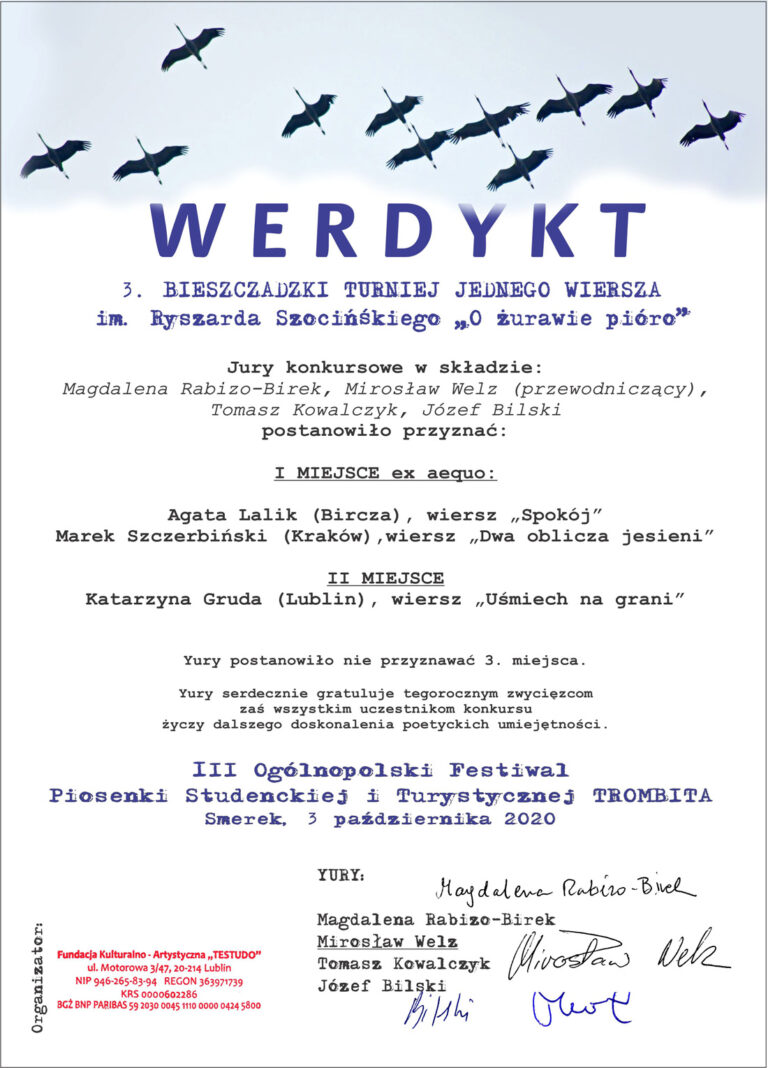 3. Bieszczadzki Turniej Jednego Wiersza im. Ryszarda Szocińskiego „O żurawie pióro”