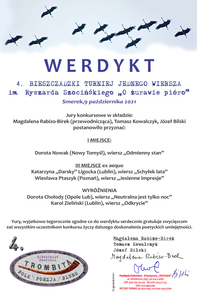 4. Bieszczadzki Turniej Jednego Wiersza o nagrodę im. Ryszarda Szocińskiego „O żurawie pióro” (pod patronatem „Frazy”