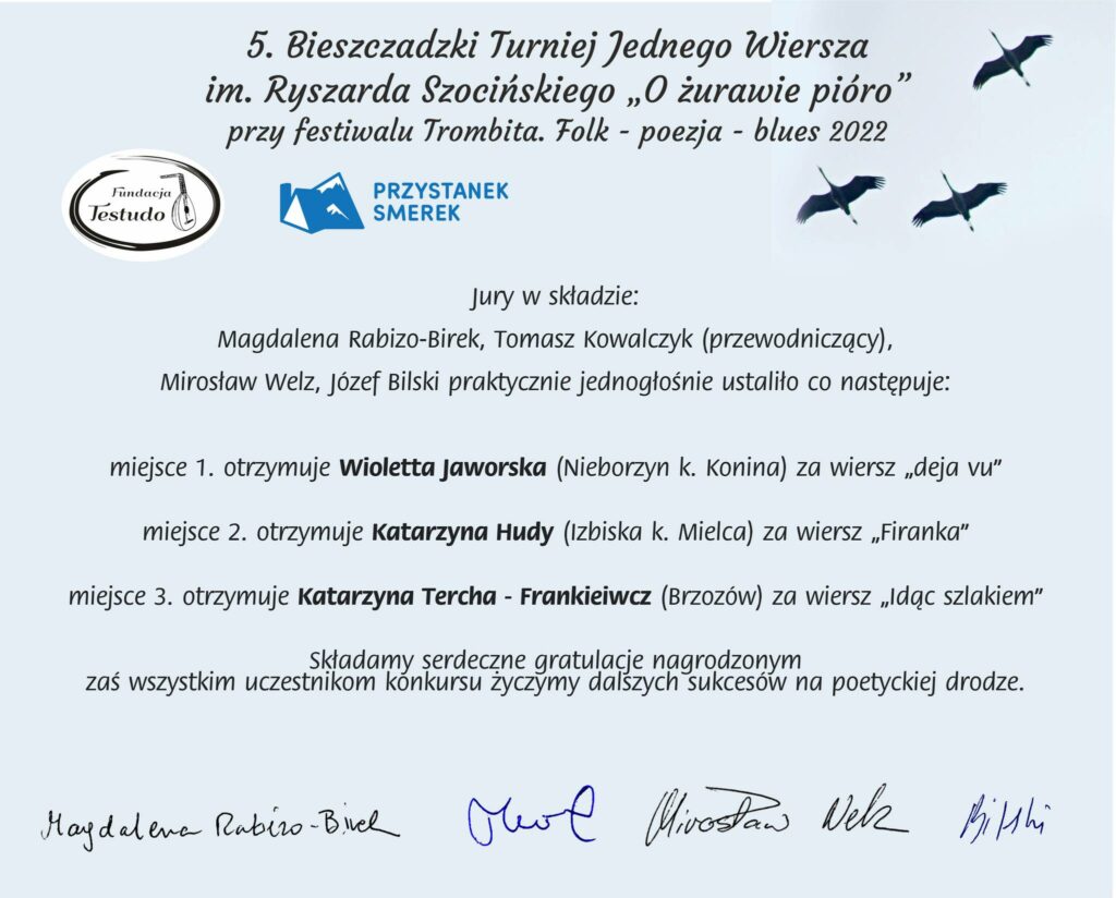 5. Bieszczadzki Turniej Jednego Wiersza o nagrodę im. Ryszarda Szocińskiego „O żurawie pióro” (pod patronatem „Frazy”)