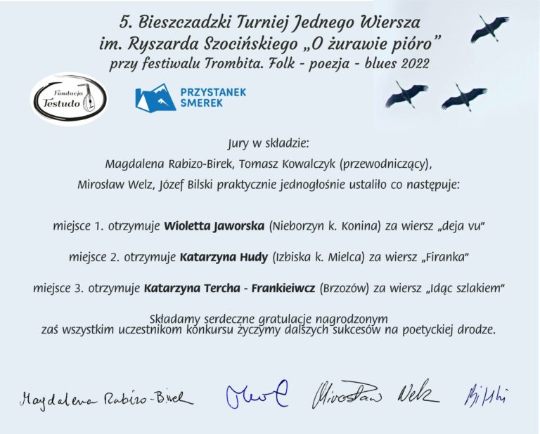 5. Bieszczadzki Turniej Jednego Wiersza o nagrodę im. Ryszarda Szocińskiego „O żurawie pióro” (pod patronatem „Frazy”)