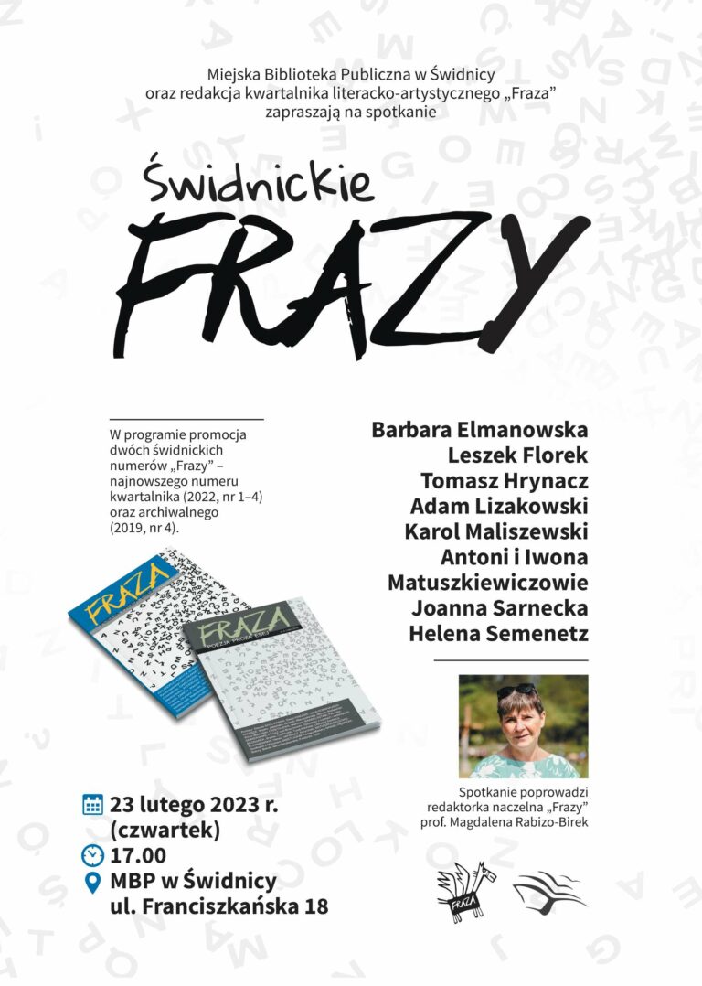 Świdnickie „Frazy”. Biblioteka Miejska im. C.K. Norwida w Świdnicy, 23 lutego 2023 r. godz. 17.00