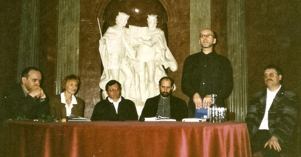 Jan Kasper, Teresa Tomsia, Sergiusz Sterna-Wachowiak, Roman Bąk, prof. Ryszard K. Przybylski, Tadeusz Żukowski. Czwartek Literacki w Pałacu Działyńskich, Poznań, 12 kwietnia 2000 r.