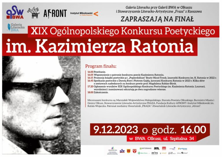 Finał XIX edycji Ogólnopolskiego Konkursu Poetyckiego im. Kazimierza Ratonia 9 grudnia 2023 r.